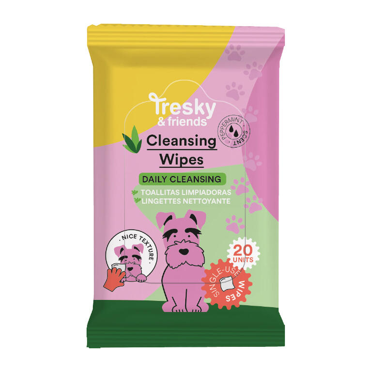 TRESKY & FRIENDS 20 TOALLITAS LIMPIADORAS CUERPO CARA Y PATAS CON MENTA PARA MASCOTAS